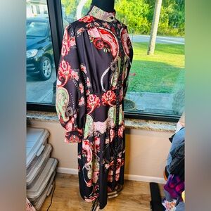 New Imperial Colorful Long Sleeve Paisley Button Front Tiered Maxi Dress Size 10